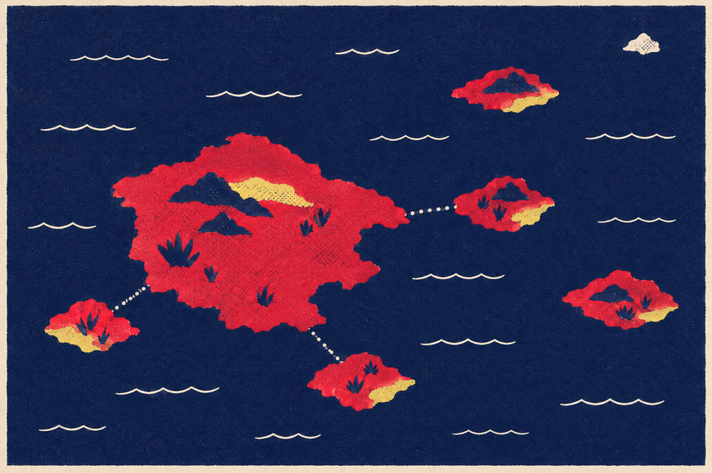 Ilustración de un archipiélago: una isla roja central y cinco islas a distintas distancias