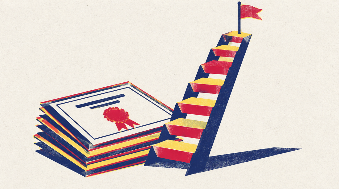Escalera de niveles con diplomas y una bandera en lo alto, ilustración sobre equivalencias de exámenes de inglés